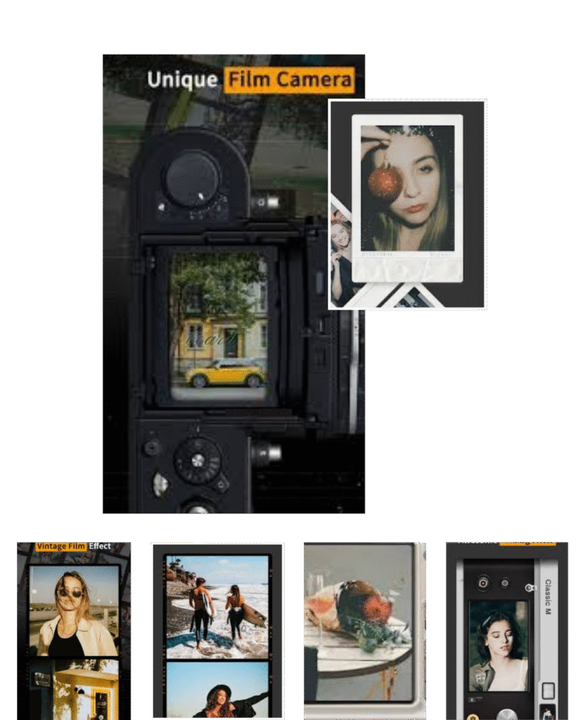 Tips and tricks for OldRoll mod APK shown through a large preview image with multiple filter screenshots below, demonstrating vintage camera effects and editing options.