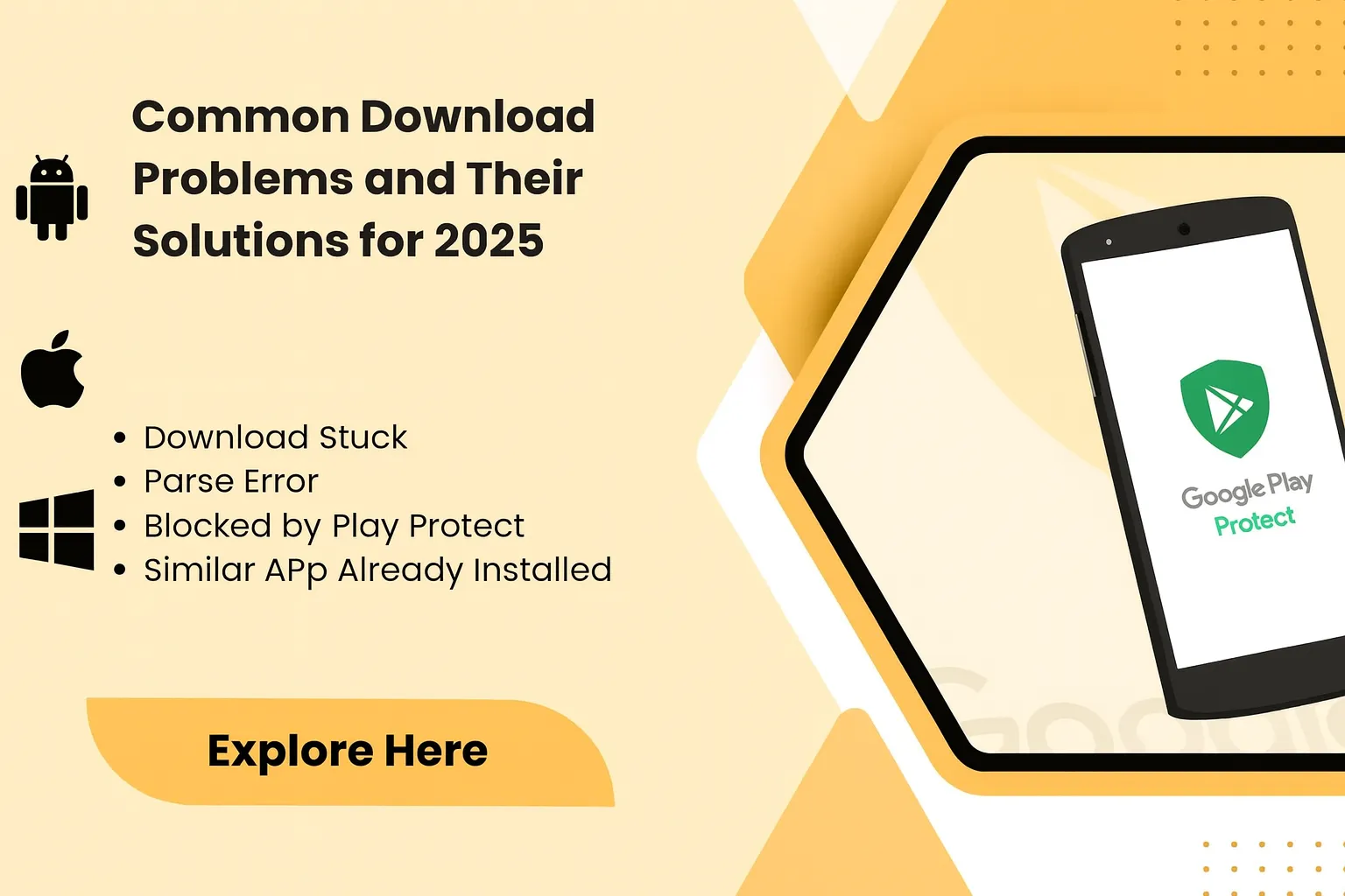 Download Problems & Installation Errors in Old Roll Mod APK (2026) 1 Old Roll Mod APK download problems and solutions 2025 infographic showing Play Protect block, parse error, download stuck issue, and similar app installed warning with Android, iOS, and Windows icons.
