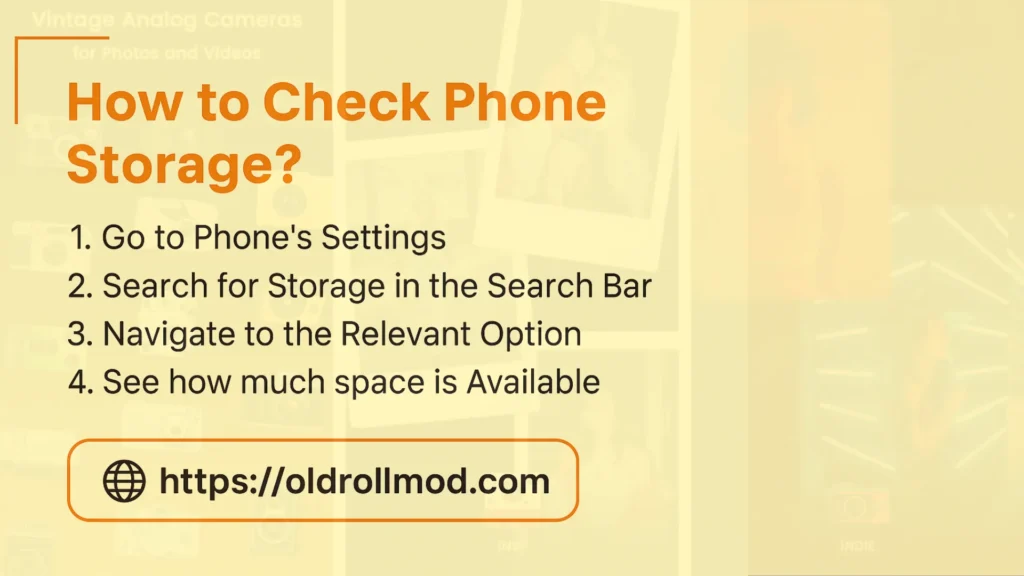 How to check phone storage step-by-step guide with instructions and website link on off-white background.
