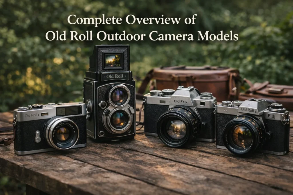 Review the Old Roll Outdoor Cameras Collection 5 Collection of Old Roll outdoor camera models showing different vintage camera designs placed outdoors