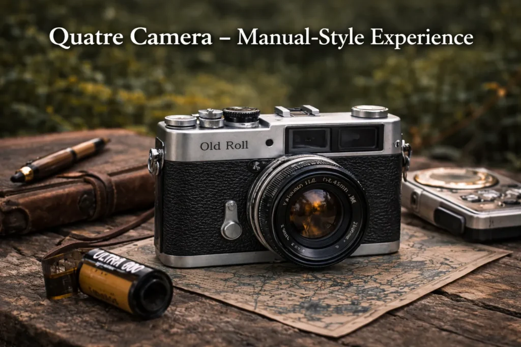 Review the Old Roll Outdoor Cameras Collection 9 Quatre camera from Old Roll outdoor cameras showing manual controls and classic film-style design