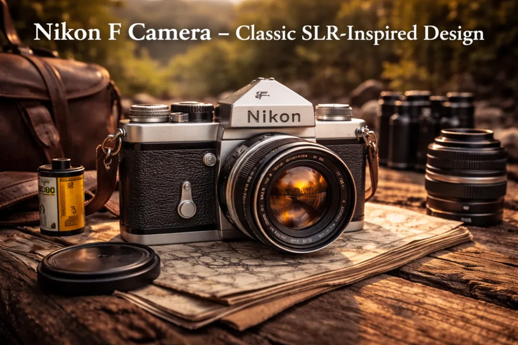 Review the Old Roll Outdoor Cameras Collection 15 Nikon F camera inspired by classic SLR design showing vintage body, manual lens, and traditional controls