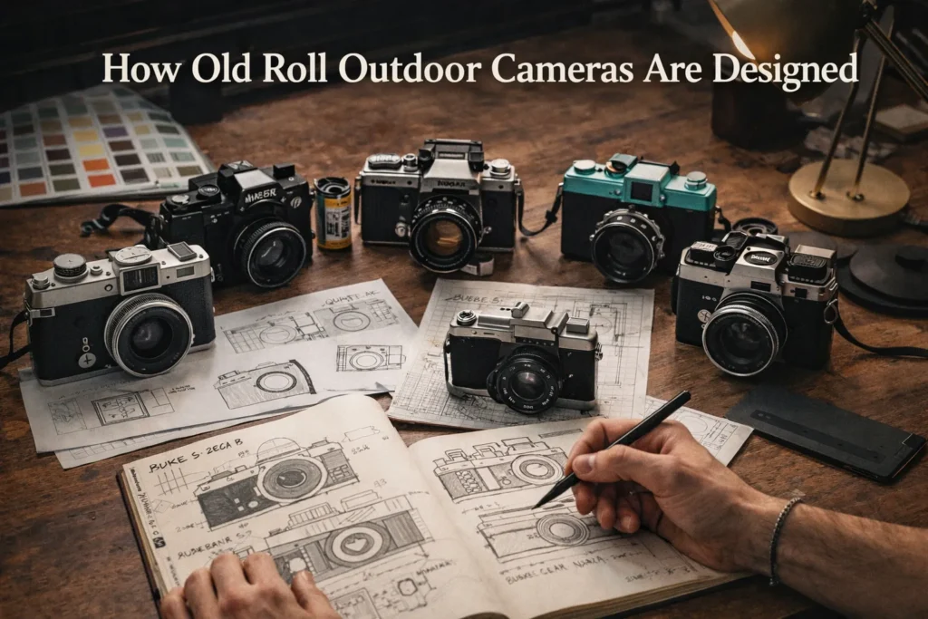 Older OldRoll Versions – Key Benefits & Features Banner Design process of Old Roll outdoor cameras showing vintage camera models and layout planning
