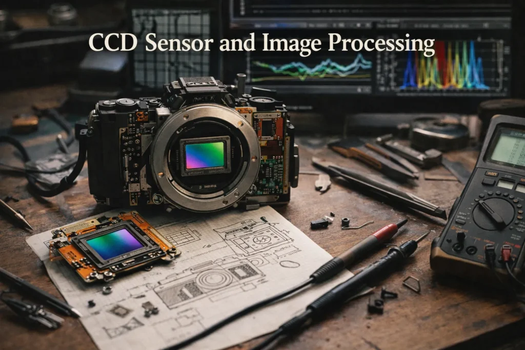 Review the Old Roll Outdoor Cameras Collection 2 CCD sensor and image processing setup showing camera sensor, circuitry, and color data analysis