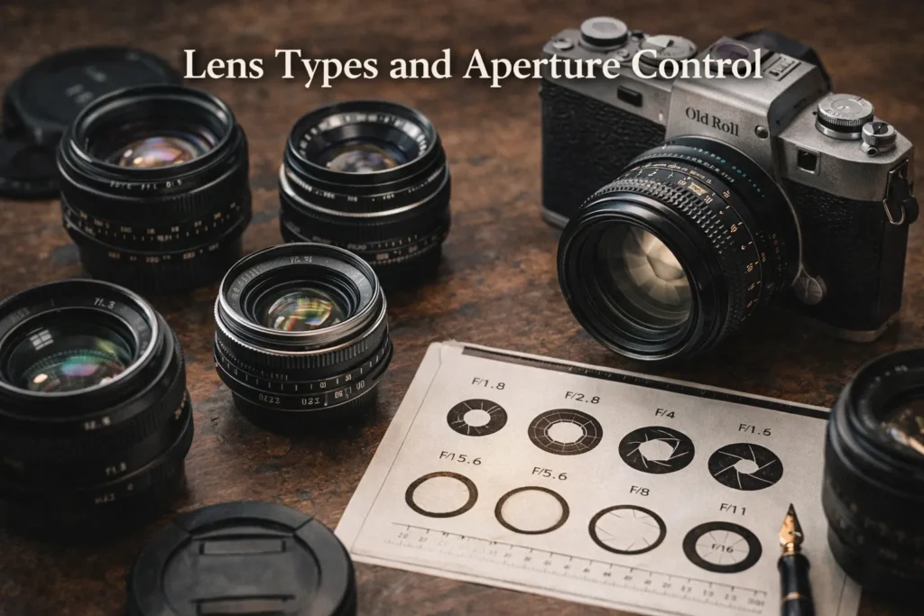 Review the Old Roll Outdoor Cameras Collection 3 Different lens types and aperture control showing camera lenses with varying f-stop values