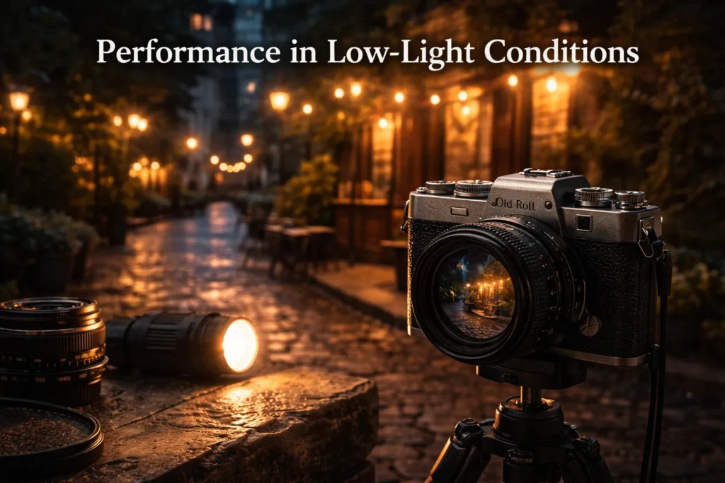 Review the Old Roll Outdoor Cameras Collection 4 Old Roll outdoor camera capturing a night street scene showing low-light performance and light handling