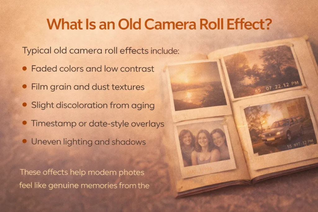 Old camera roll effect showing aged film photos with faded colors, film grain, dust textures, and vintage date stamps