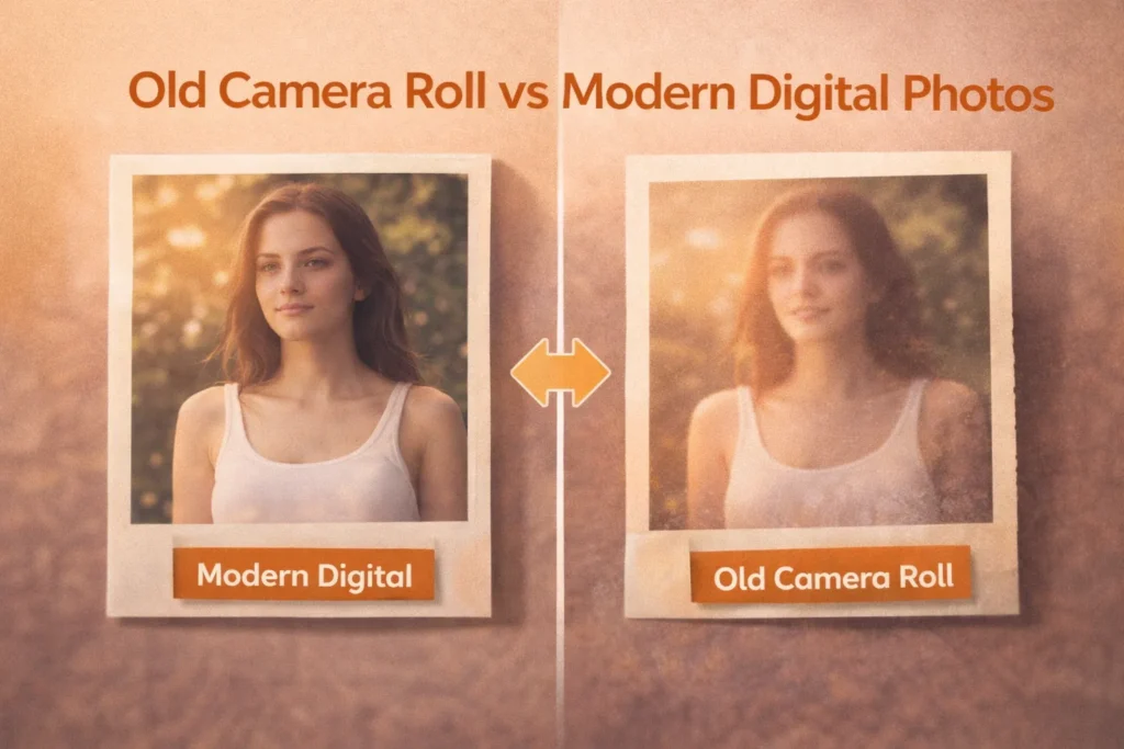 Comparison of modern digital photo and old camera roll effect showing sharp clarity versus vintage grain and faded tones