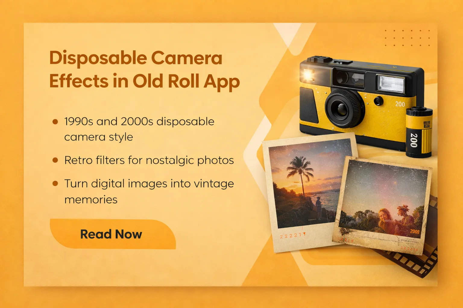 Disposable Camera Effects in Old Roll App 1 Disposable camera effects in Old Roll app showing retro film grain, light leaks, and 1990s style vintage disposable camera photography