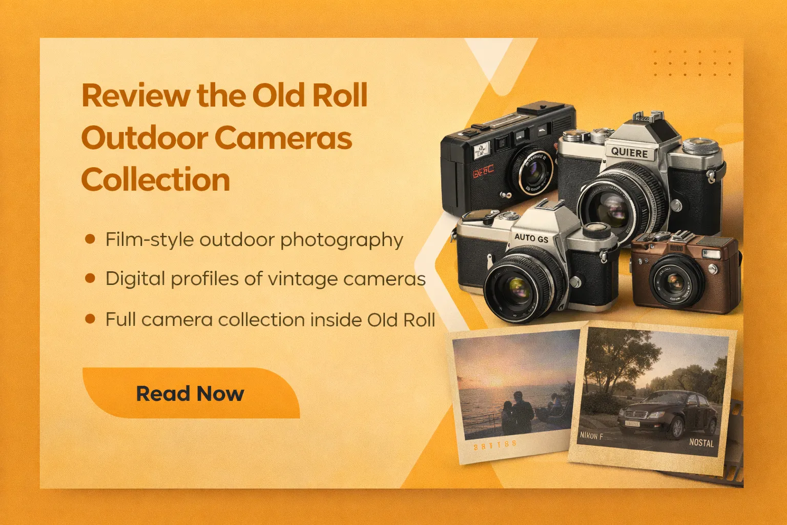 Review the Old Roll Outdoor Cameras Collection 1 Old Roll outdoor cameras collection showing vintage film-style camera models used for outdoor photography with natural colors and retro aesthetics