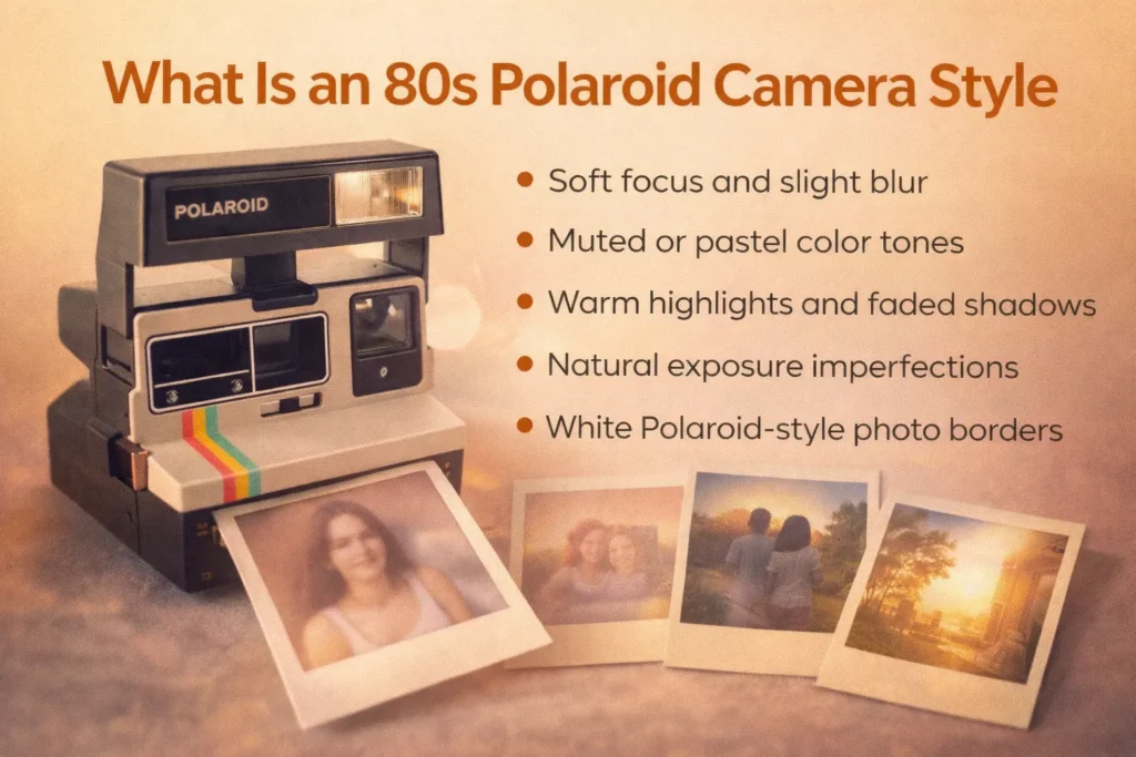 80s Polaroid camera style showing a vintage instant camera with soft focus photos, pastel tones, and white Polaroid-style borders