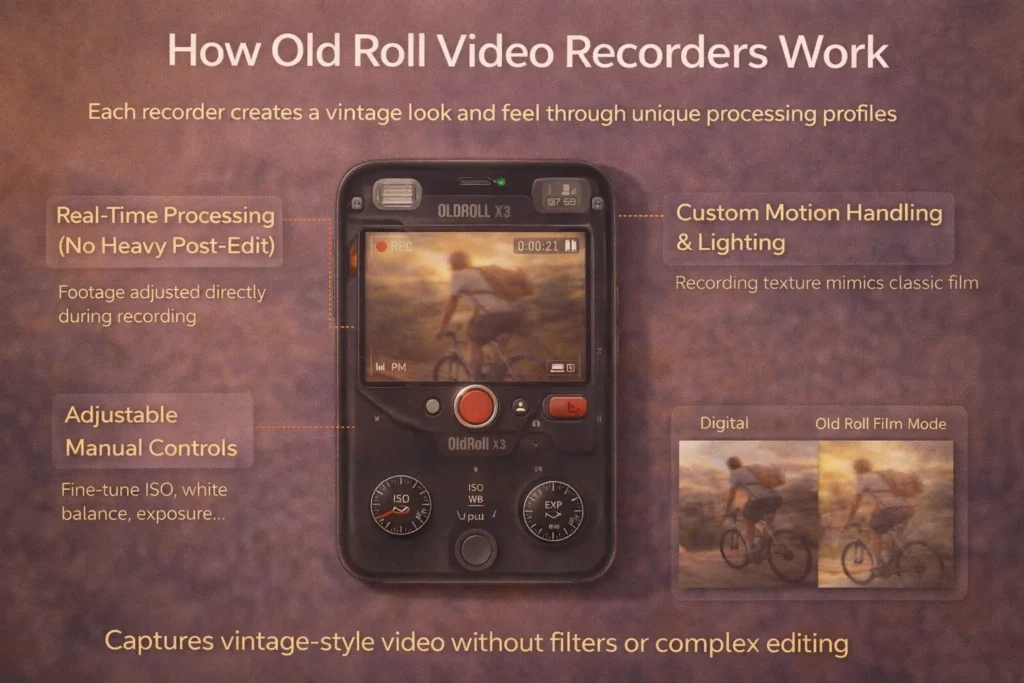Old Roll Video Recorders 2 Old Roll X3 video recorder interface showing real-time film simulation with manual ISO, exposure, and vintage motion processing