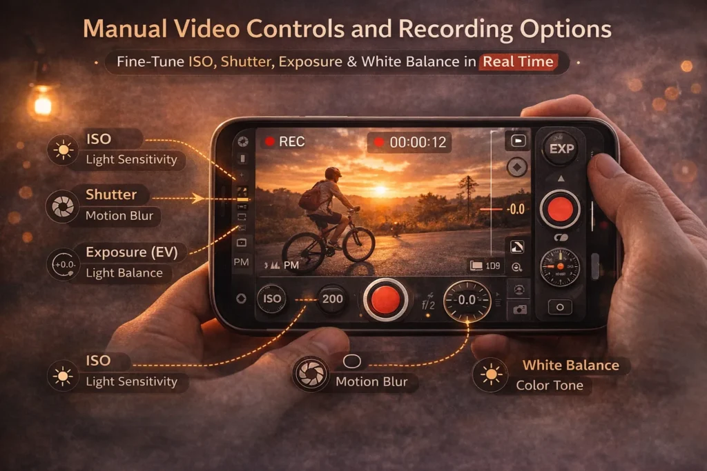 Old Roll Video Recorders 3 Old Roll video recorder interface showing manual ISO, shutter speed, exposure value and white balance controls during real-time recording