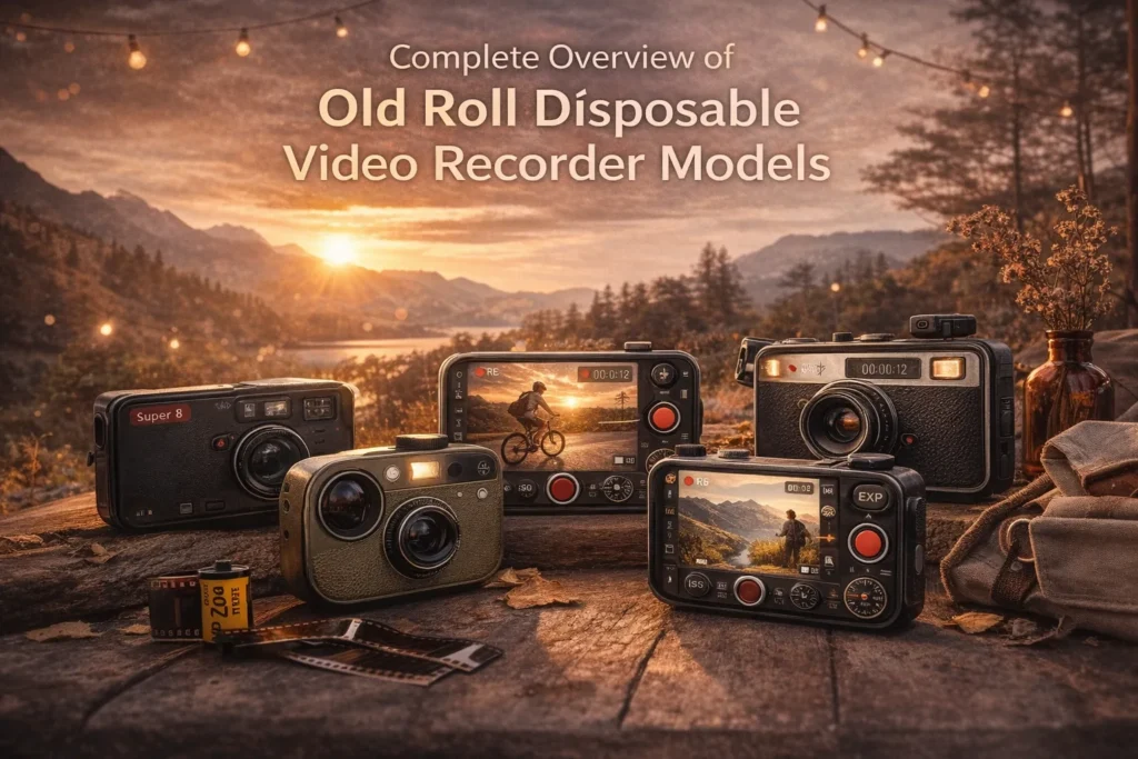 Old Roll Video Recorders 4 Collection of Old Roll disposable-style video recorder models displayed outdoors with vintage film aesthetic and different recording interfaces