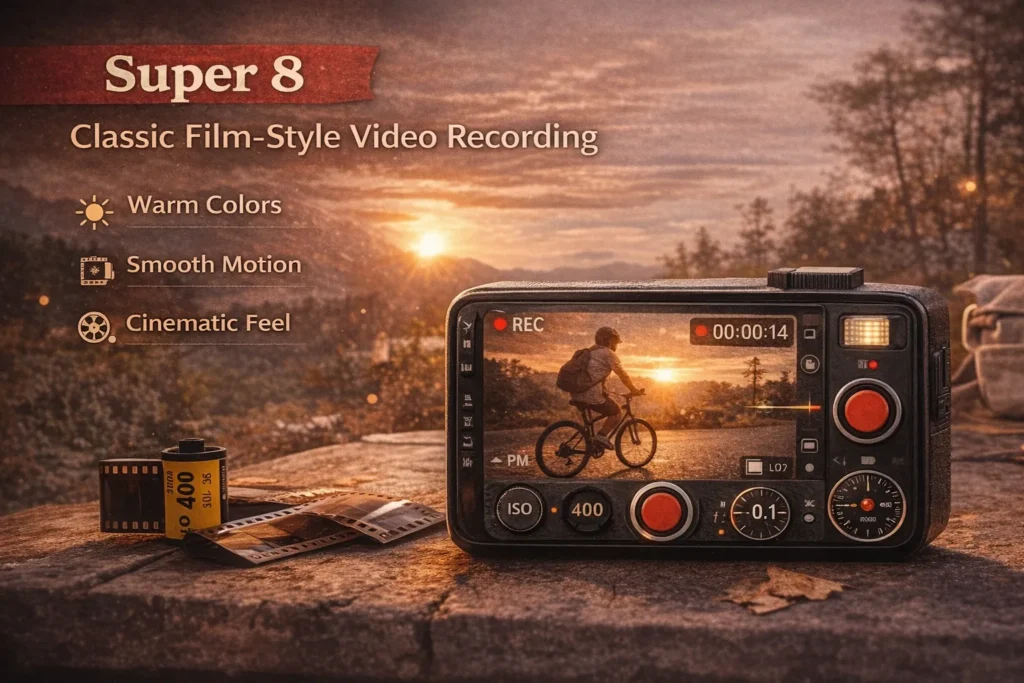 Old Roll Video Recorders 5 Super 8 disposable-style video recorder interface in Old Roll showing warm cinematic sunset recording with vintage film look