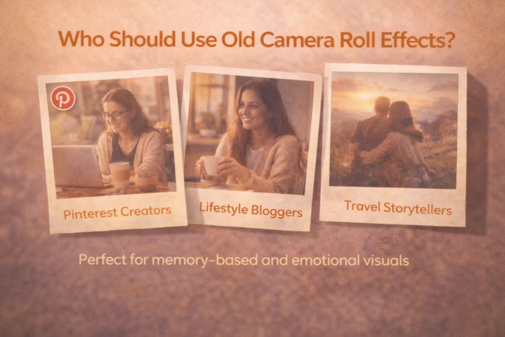 Pinterest creators, lifestyle bloggers, and travel storytellers using old camera roll effects for nostalgic visual content