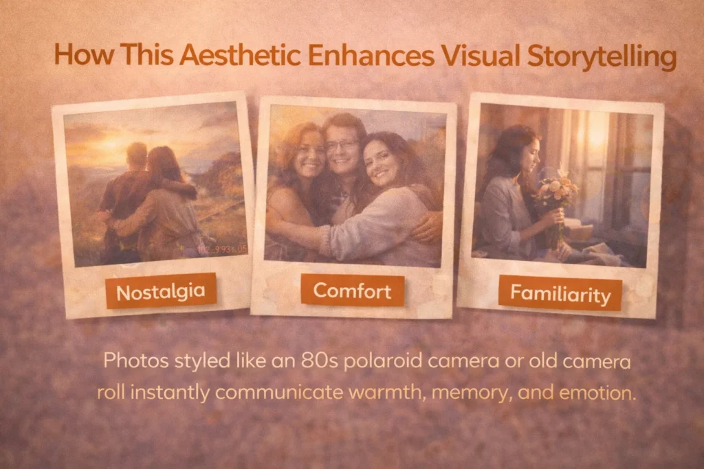 Polaroid-style photos with warm tones and vintage date stamps showing nostalgia, comfort, and emotional storytelling