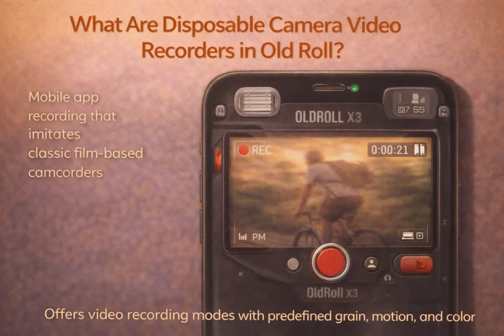 Older OldRoll Versions – Key Benefits & Features Banner Old Roll X3 camera interface on mobile screen showing vintage-style disposable video recording mode with film grain and retro camcorder look