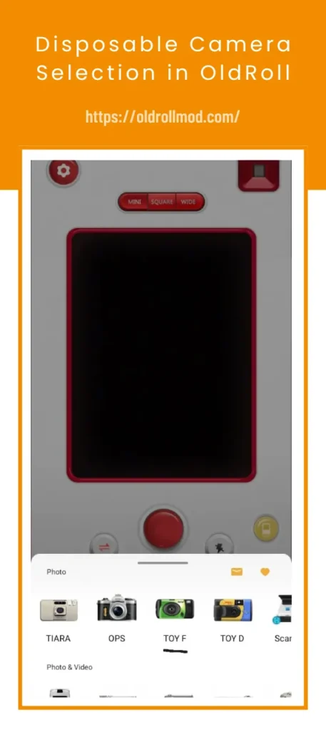 Home 7 V8 retro camcorder camera interface in OldRoll app