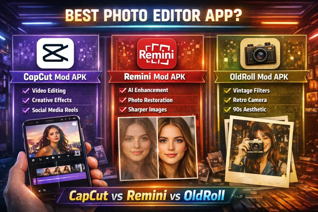 Best Photo Editor App 1 Best photo editor app comparison CapCut vs Remini vs OldRoll features and differences